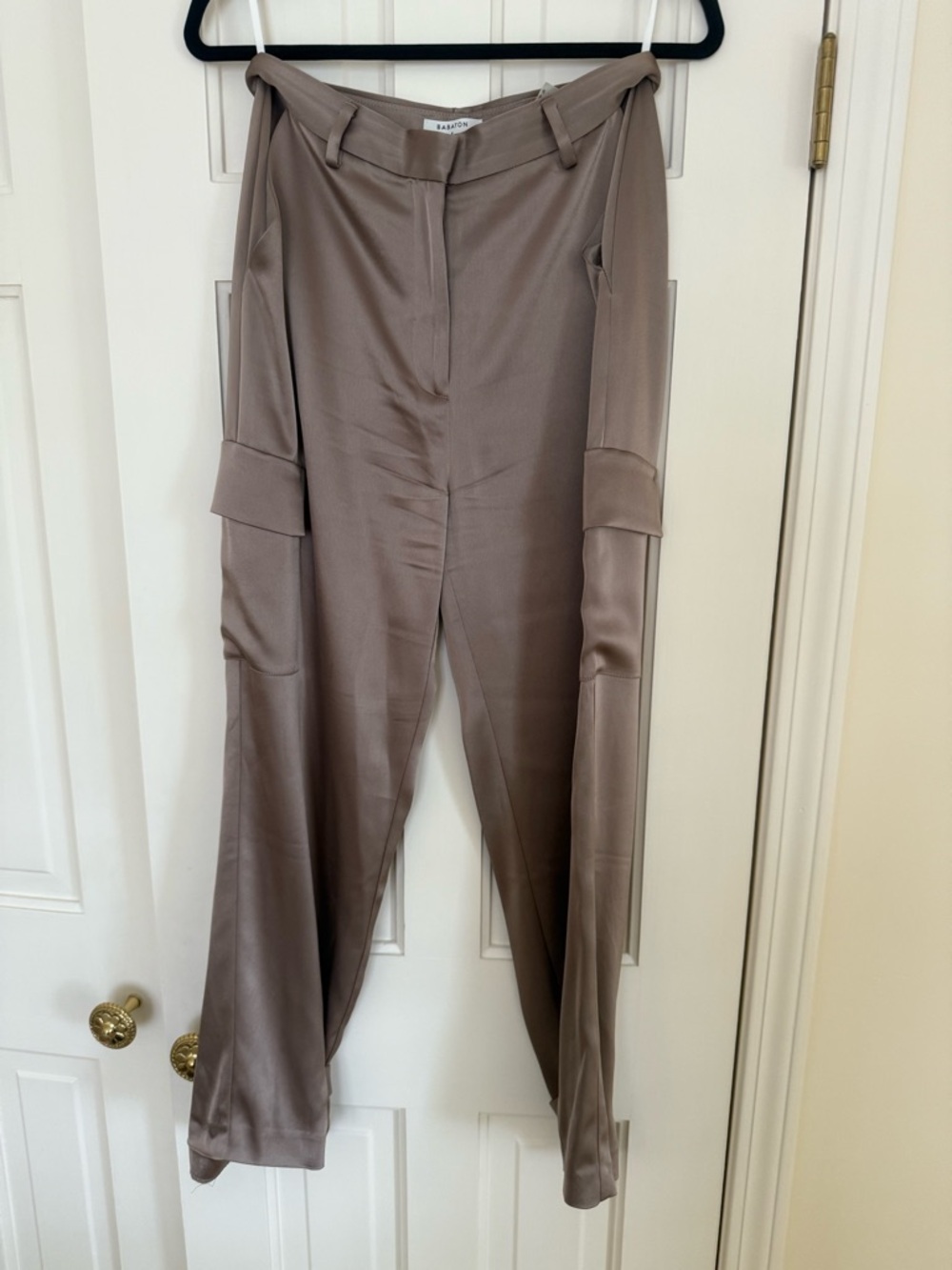 Babaton Taupe-Gray Satin Wide-Leg Cargo Pants